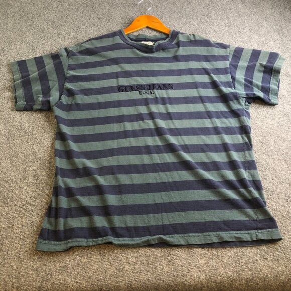 Vintage GUESS Shirt Mens Large Green Blue Striped 90s Made In USA Short Sleeve - Picture 3 of 6